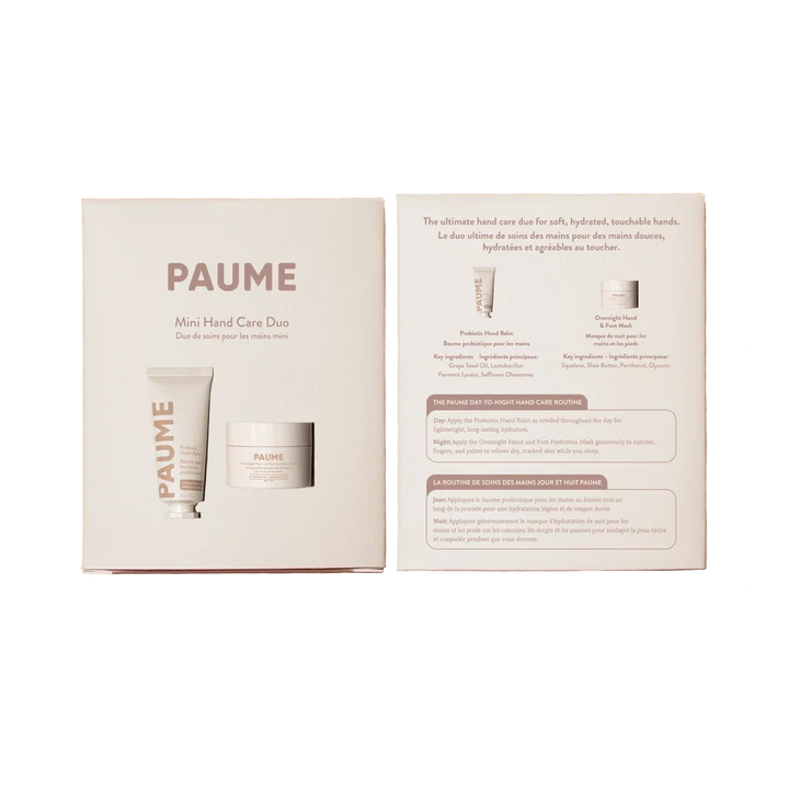 Paume Mini Hand Care Boxed Set open showing the inner lid with usage instructions