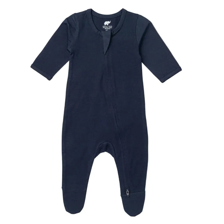 Navy blue baby pajama one-piece with long sleeves and zipper front, laid flat