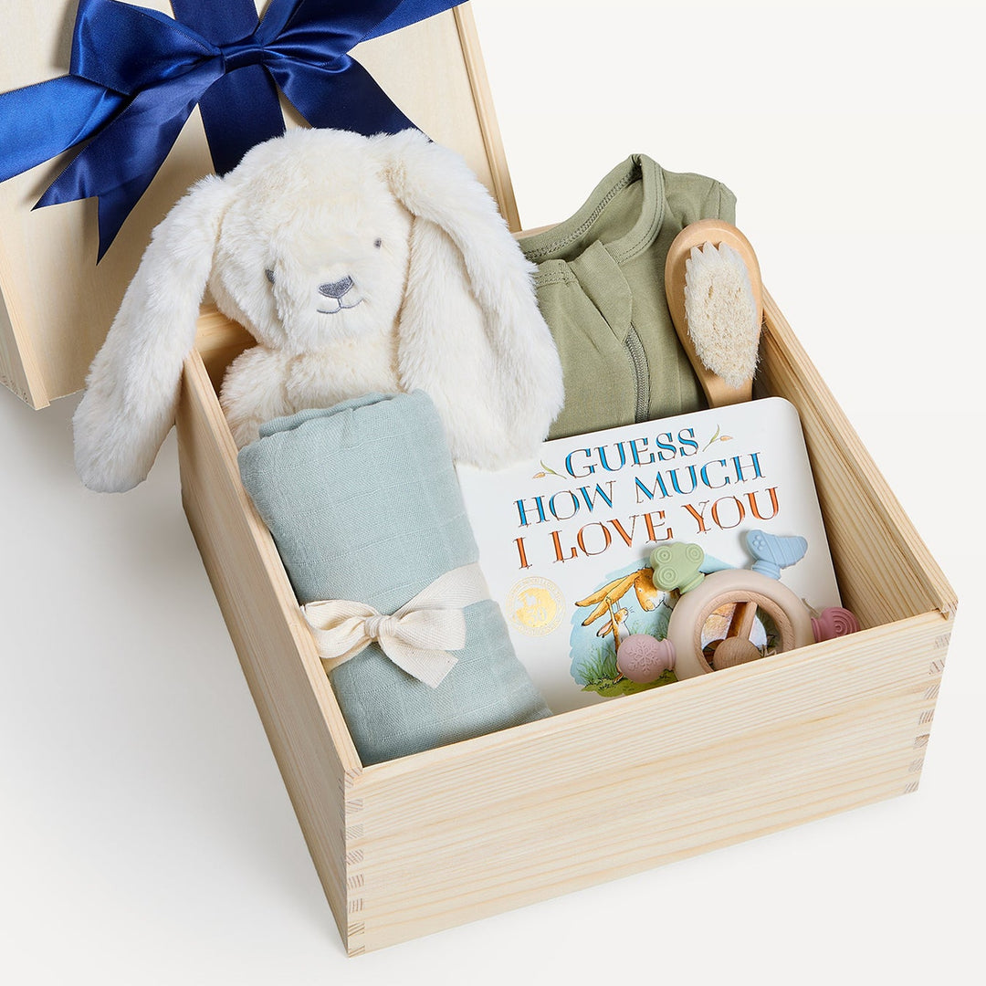 Nest & Nurture Gift Crate, close-up of the open wooden crate. Giften Market.