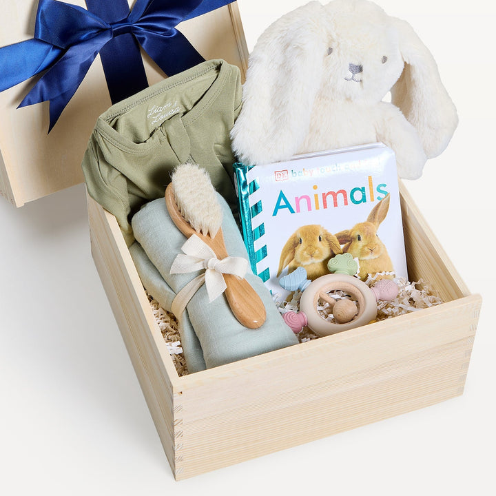 New Baby Welcome Basket Bunny, close-up of the open wooden crate. Giften Market.