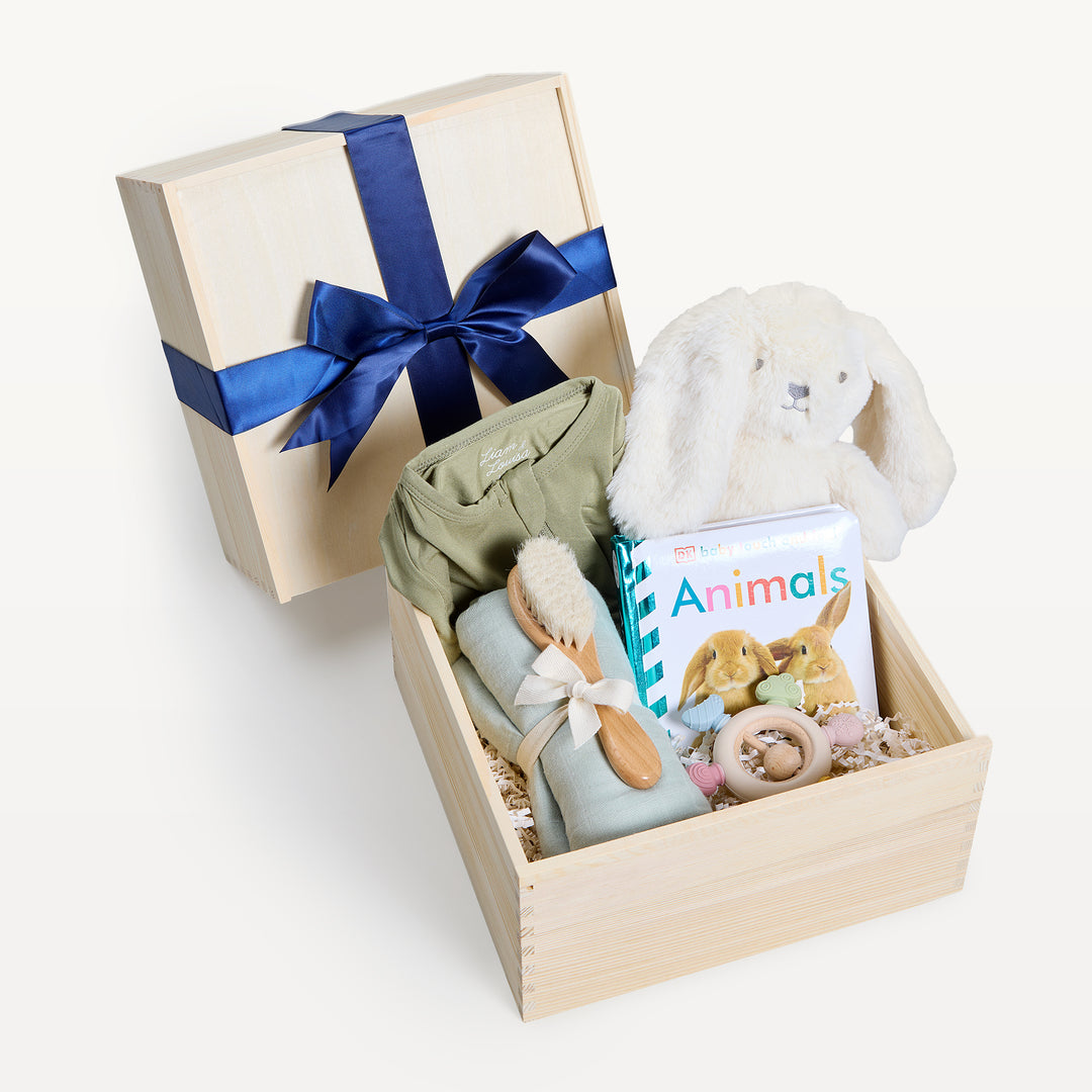 New Baby Welcome crate open in front, bow-tied lid behind. Cream plush bunny, sage onesie, Animals board book, wooden brush and teether, sage swaddle with a bow. Giften Market.