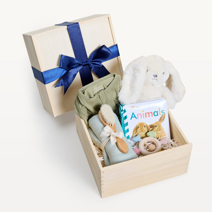 New Baby Welcome crate open in front, bow-tied lid behind. Cream plush bunny, sage onesie, Animals board book, wooden brush and teether, sage swaddle with a bow. Giften Market.