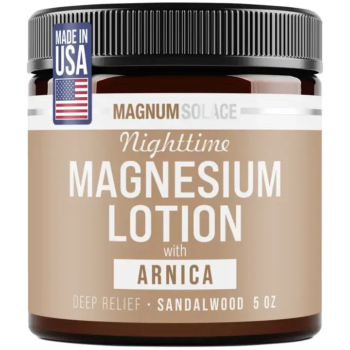 Jar of nighttime magnesium lotion with arnica, sandalwood scent, and black screw lid