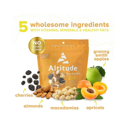 Altitude Snacks Trail Blaze orange pouch with cherries, almonds, macadamias, apricots and green apple