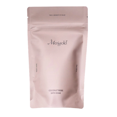 Coconut rose bath soak in a blush pink resealable pouch, premium self-care gift