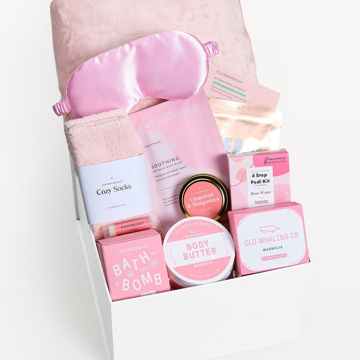 Self-Care Sunday Gift Box, close-up of the open gift box. Giften Market.