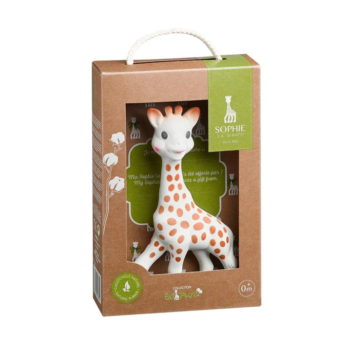 Natural rubber giraffe baby toy in eco-friendly brown gift box with handle