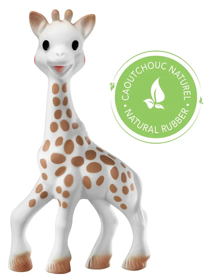 Natural rubber giraffe baby teether toy with brown spots and eco-friendly certification badge