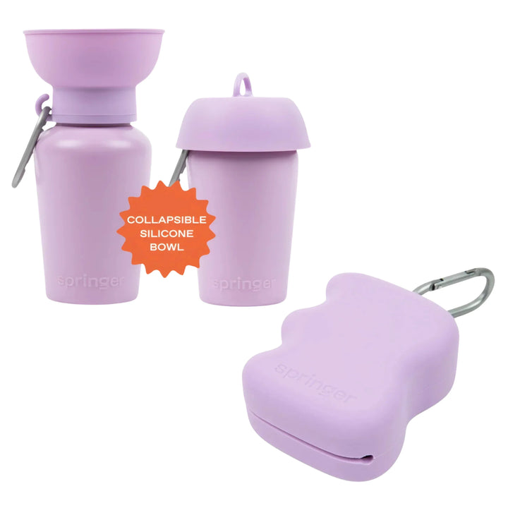 Lavender dog treat dispenser, water bottle, and collapsible silicone bowl bundle