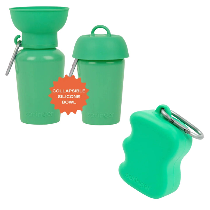 Green dog treat dispenser, water bottle, and collapsible silicone bowl set with carabiners