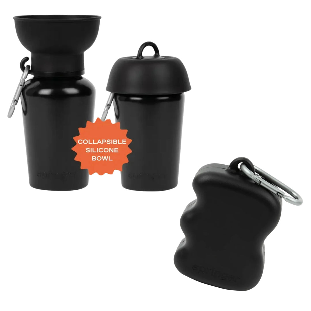 Black dog treat dispenser, water bottle, and collapsible silicone bowl set with carabiners