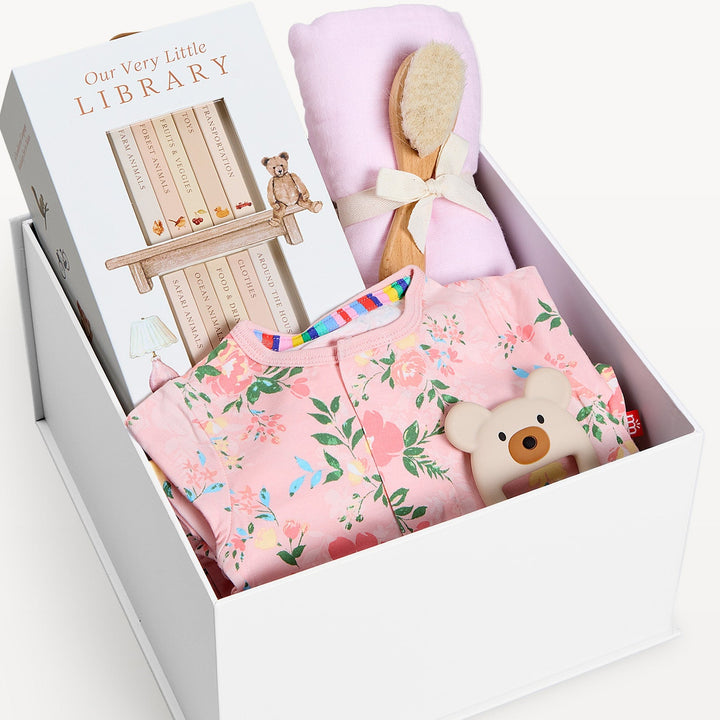 Sweet Beginnings Baby Gift Box Ainslee, close-up of the open gift box. Giften Market.