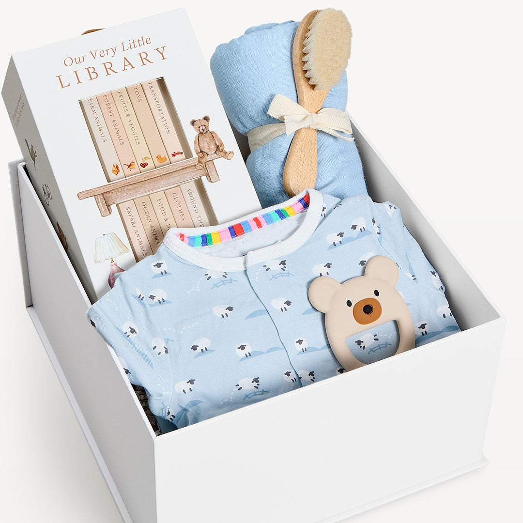 Sweet Beginnings Baby Gift Box Baa Baa Blue, close-up of the open gift box. Giften Market.