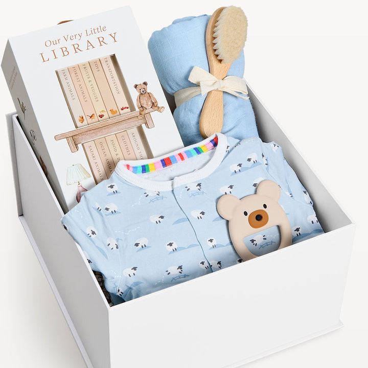 Sweet Beginnings Baby Gift Box Baa Baa Blue, close-up of the open gift box. Giften Market.