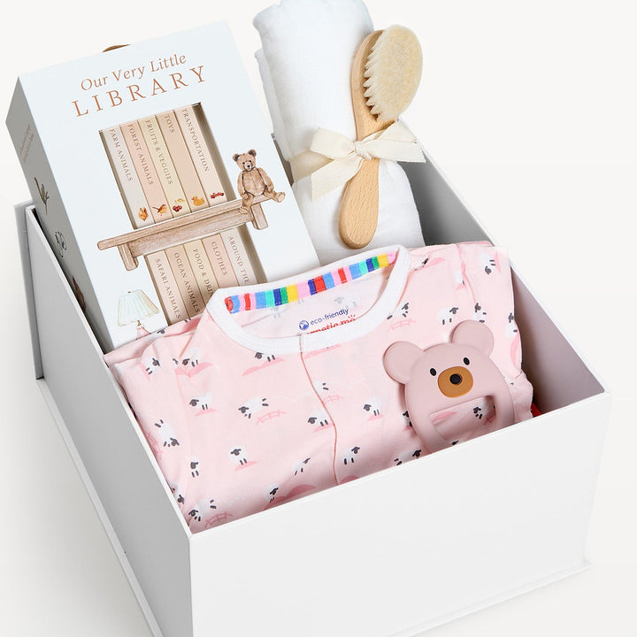 Sweet Beginnings Baby Gift Box Baa Baa Pink, close-up of the open gift box. Giften Market.