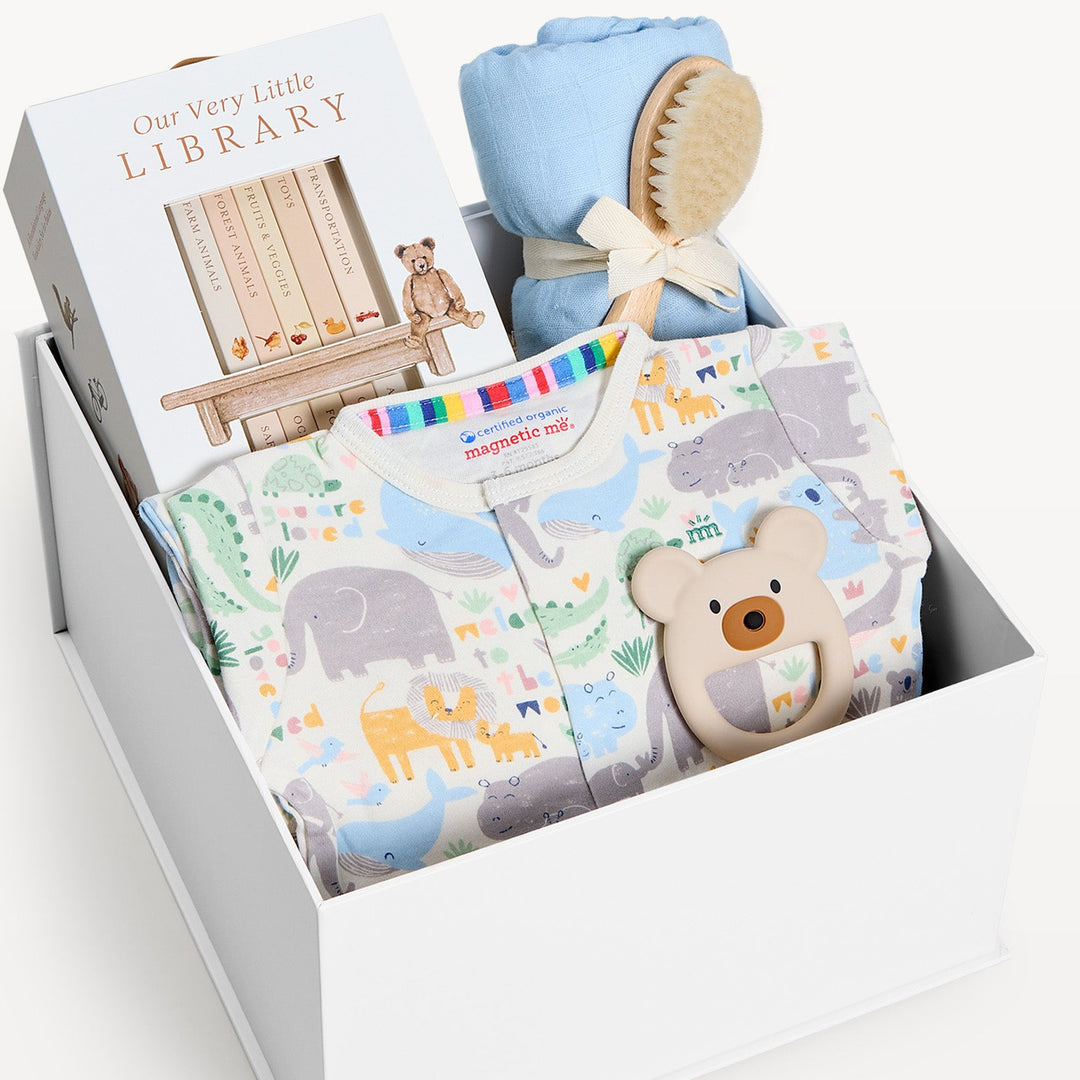 Sweet Beginnings Baby Gift Box Little Lovin, close-up of the open gift box. Giften Market.