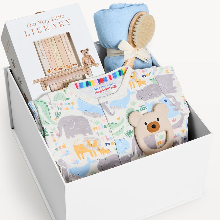 Sweet Beginnings Baby Gift Box Little Lovin, close-up of the open gift box. Giften Market.