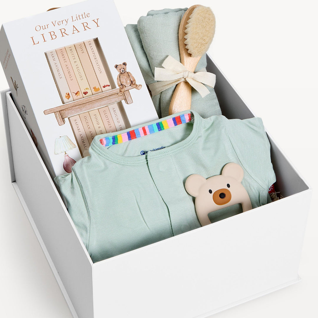Sweet Beginnings Baby Gift Box Sea Foam, close-up of the open gift box. Giften Market.