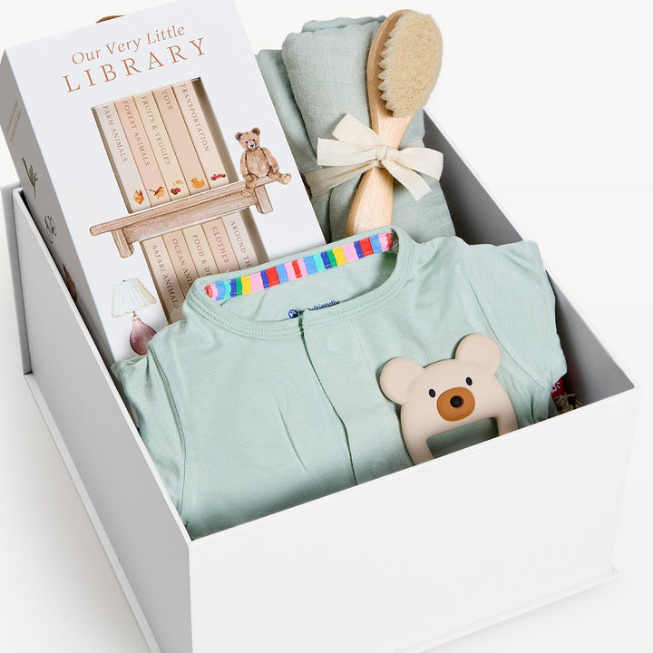 Sweet Beginnings Baby Gift Box Sea Foam, close-up of the open gift box. Giften Market.