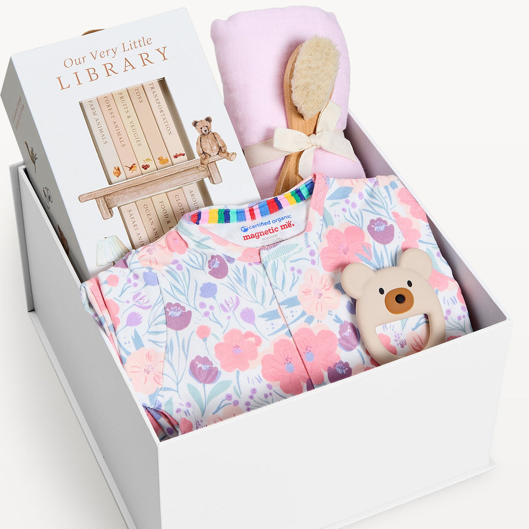 Sweet Beginnings Baby Gift Box Whistledon, close-up of the open gift box. Giften Market.