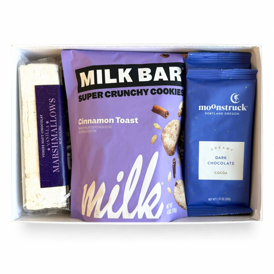 Sweets &amp; Treats Bento Box - Snow Day with Vosges vanilla marshmallows, Milk Bar Cinnamon Toast cookies and Moonstruck dark hot cocoa