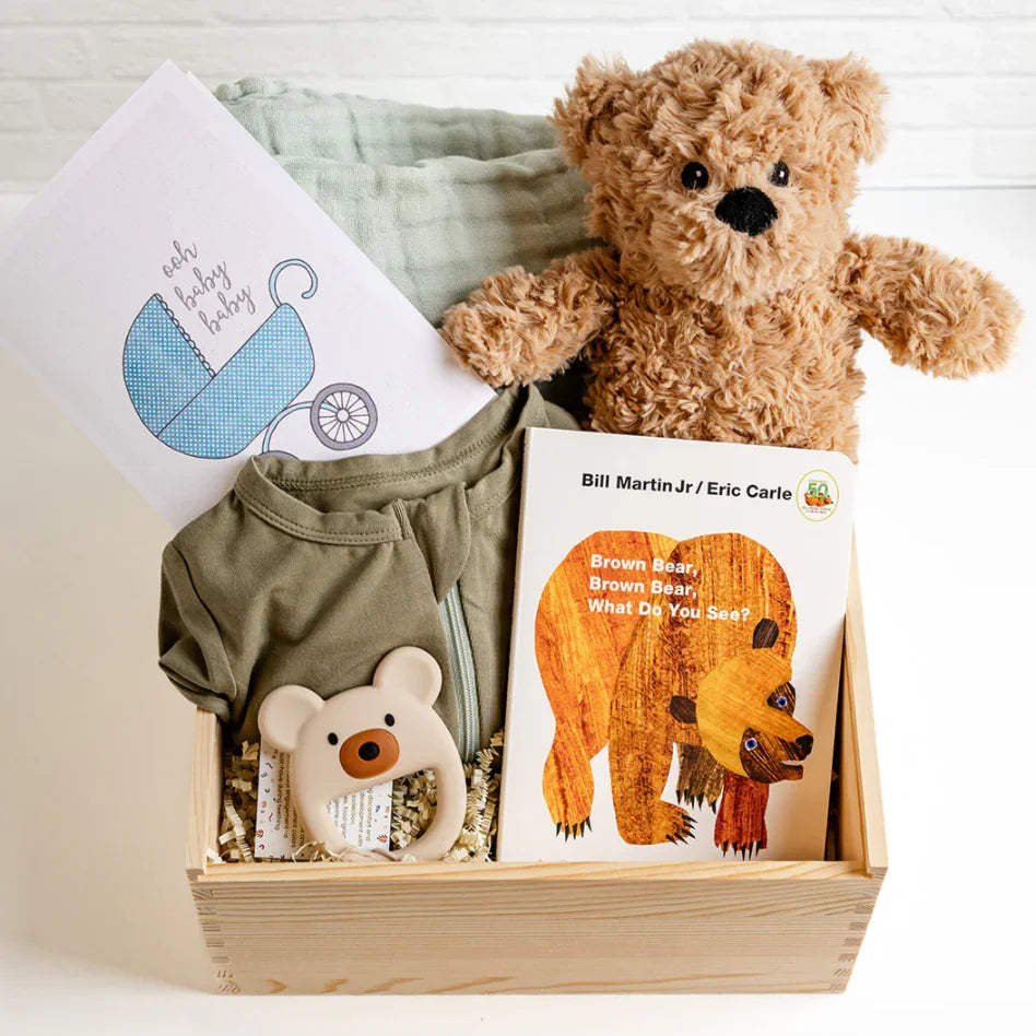 Teddy & Me Gift Crate in a wood crate with plush teddy bear, Brown Bear board book, sage onesie, bear teether and a baby card