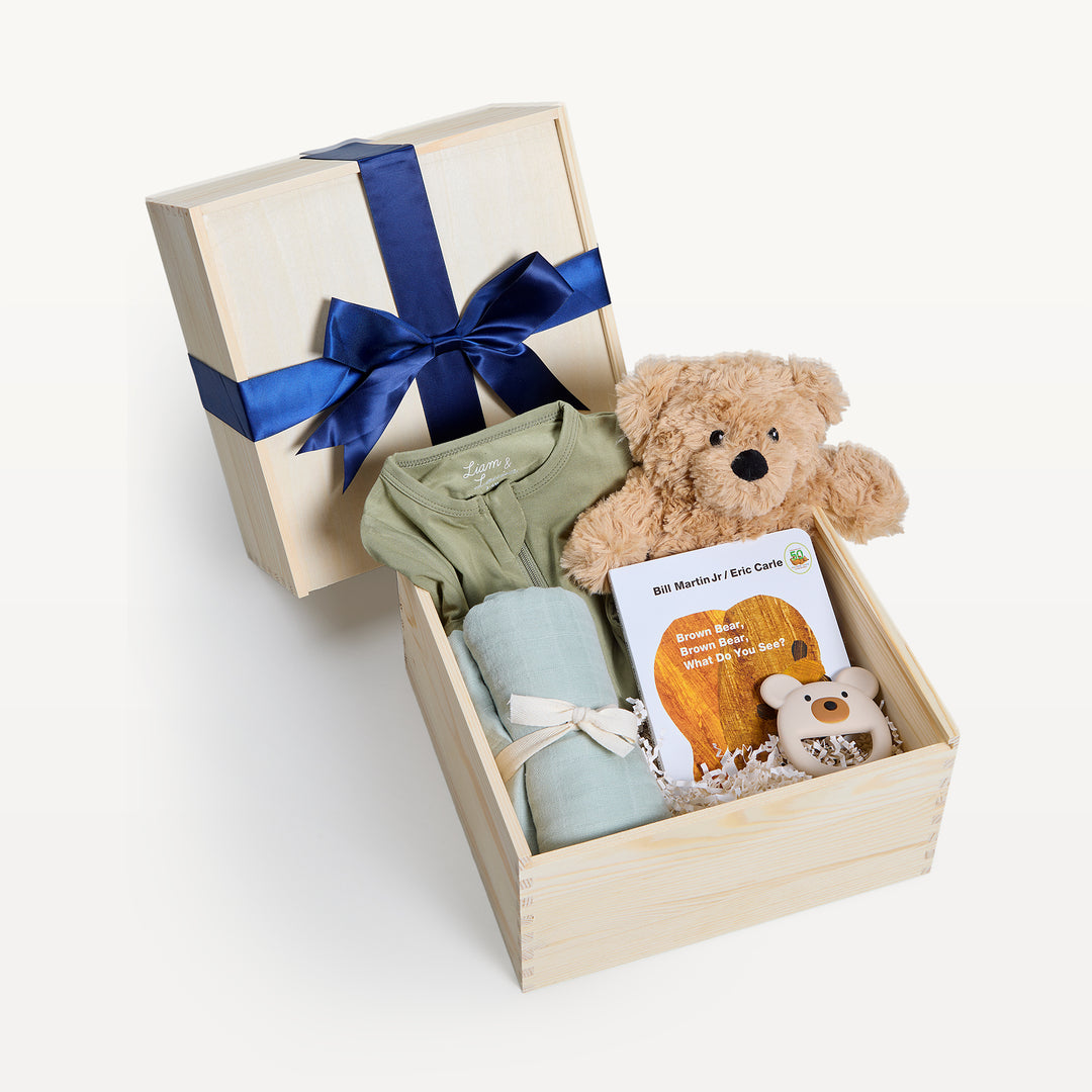 Teddy & Me crate open in front, bow-tied lid behind. Tan plush teddy, sage onesie and swaddle, Brown Bear Brown Bear board book, bear teether, crinkle. Giften Market.