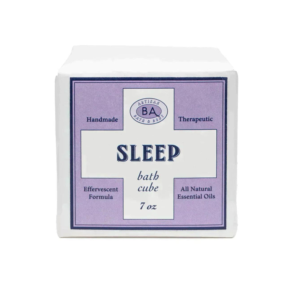 Sleep bath cube in white box with lavender label, featuring natural essential oils