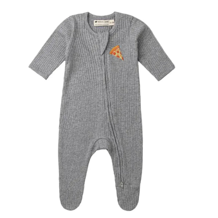 Gray ribbed baby footie pajama with front zipper and small pizza slice patch on chest