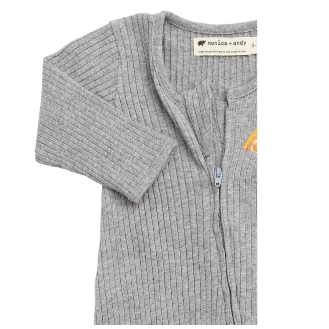 Gray ribbed baby sleeper with zipper and small embroidered pizza slice on chest