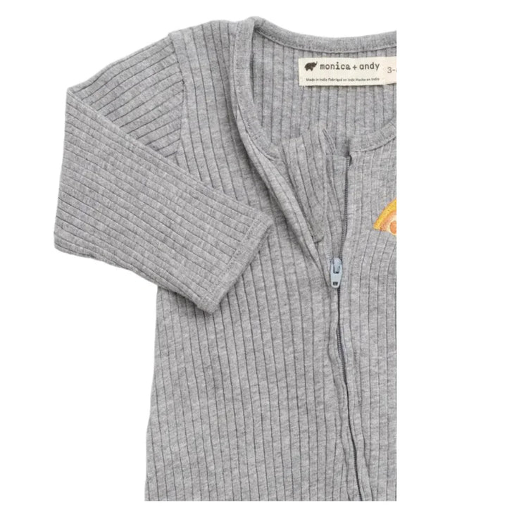 Gray ribbed baby sleeper with zipper and small embroidered pizza slice on chest