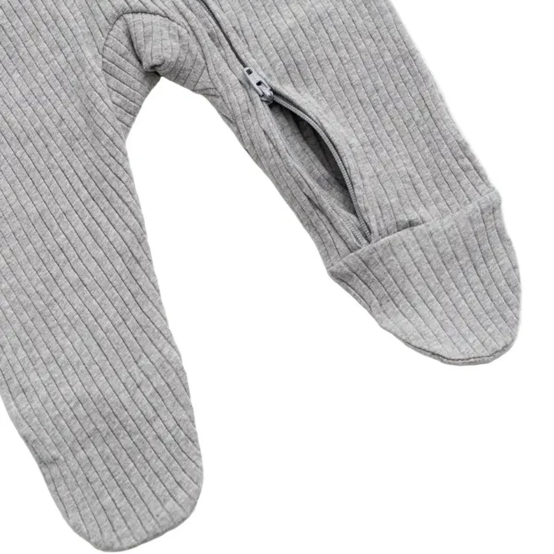 Close-up of gray ribbed baby footed pajamas with zipper closure