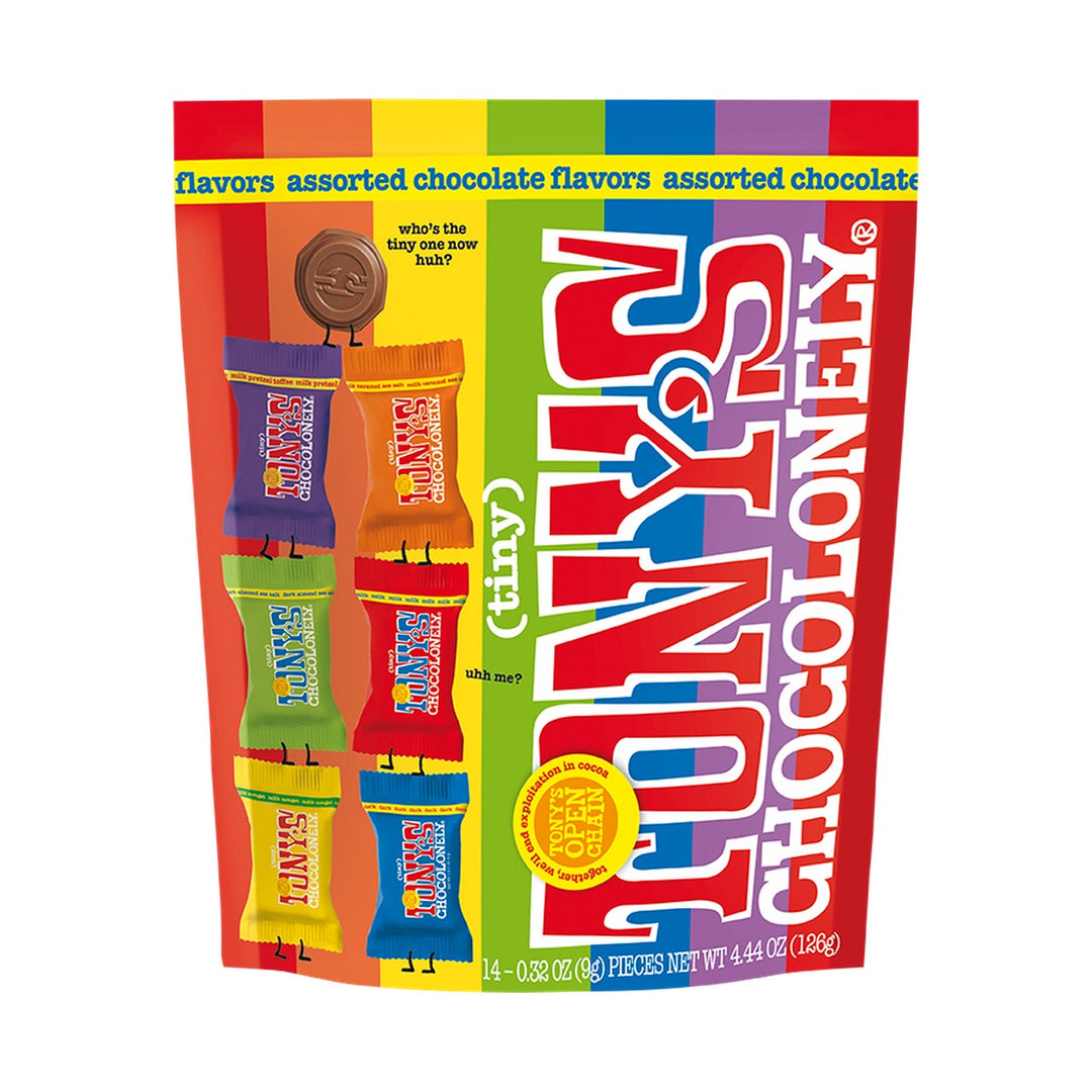 Tiny Tony's Chocolonely mixed pouch, rainbow-striped bag of individually wrapped tiny chocolates