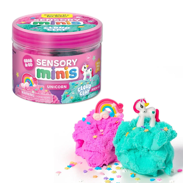 Unicorn sensory play set with cloud clay, rainbow figure, and unicorn figurine in pink tub