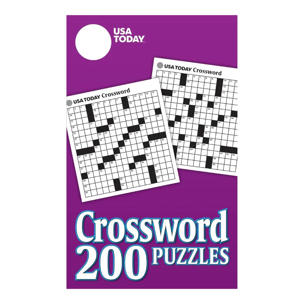 Crossword puzzles book with purple cover and two sample puzzle grids shown
