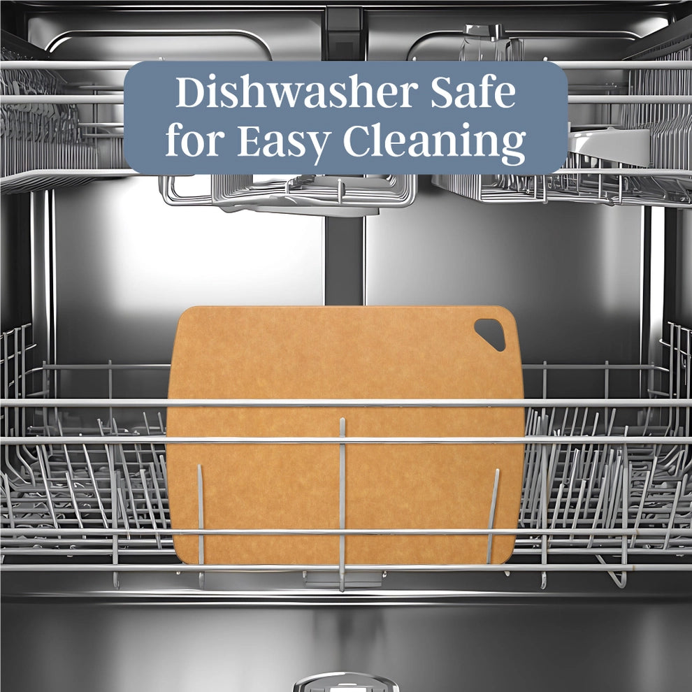 Wood fiber composite cutting board placed inside a dishwasher for cleaning
