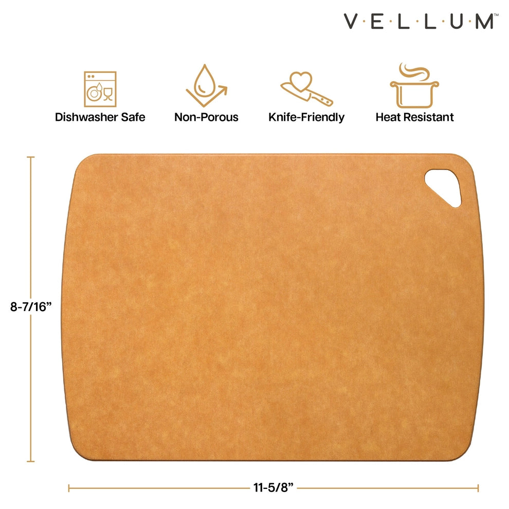 Wood fiber composite cutting board with rounded edges and cut-out corner, shown with measurements