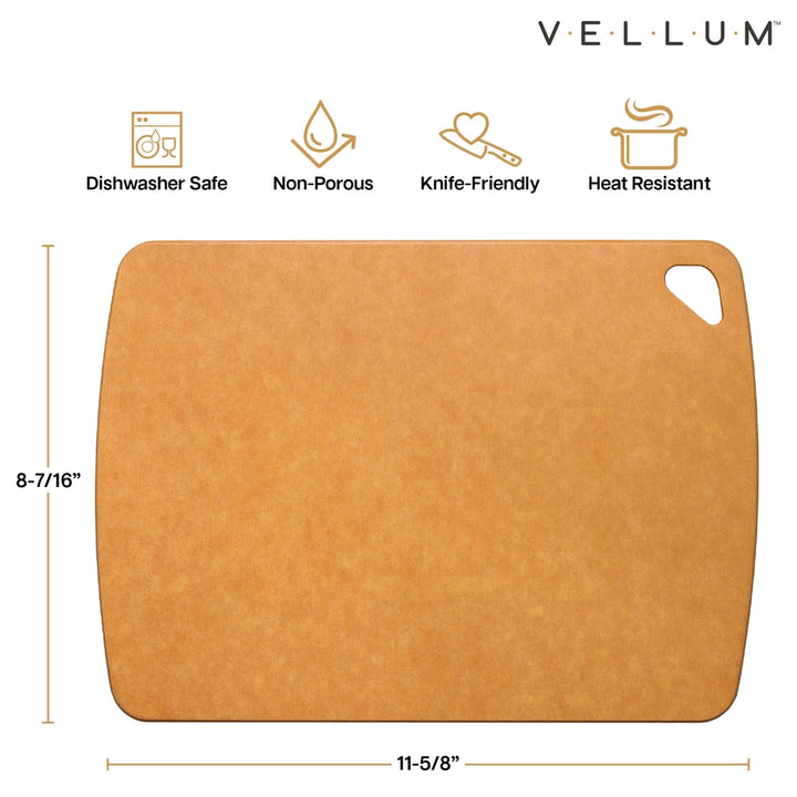 Wood fiber composite cutting board with rounded edges and cut-out corner, shown with measurements