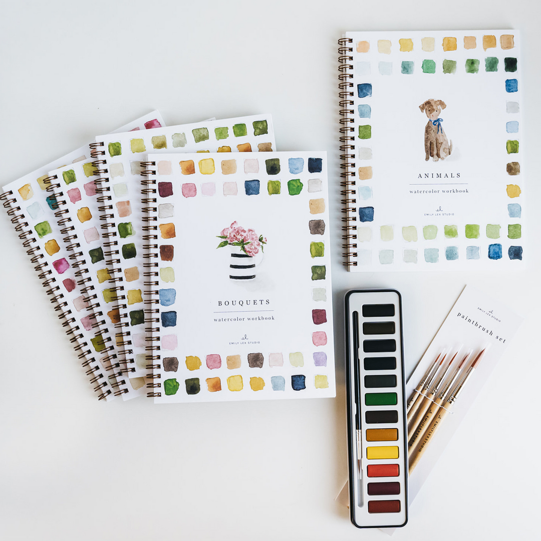 Set of Emily Lex Studio watercolor notebooks with color swatches and paintbrushes on a white background