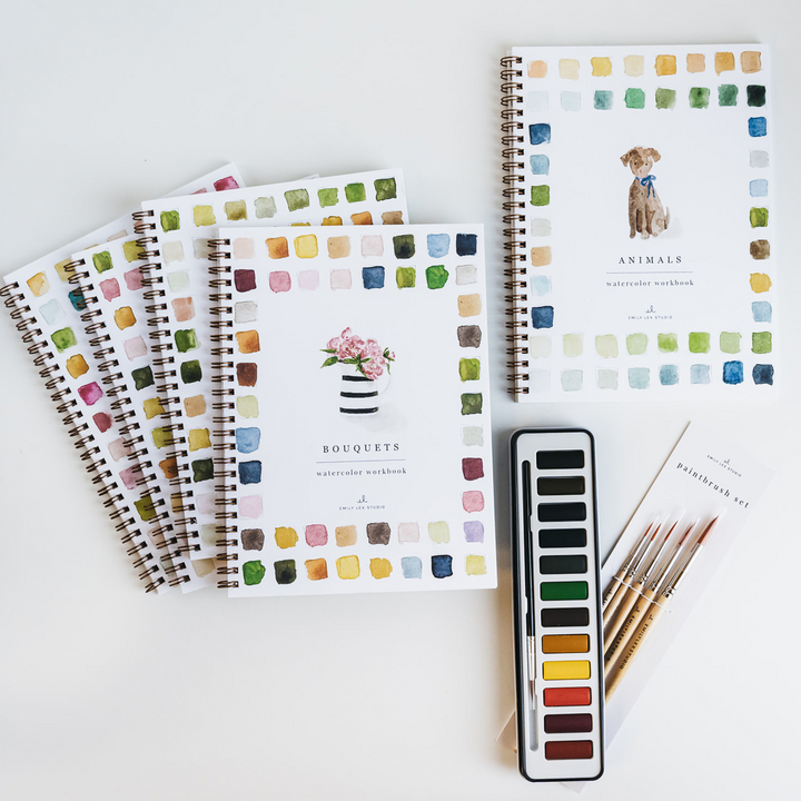Set of Emily Lex Studio watercolor notebooks with color swatches and paintbrushes on a white background