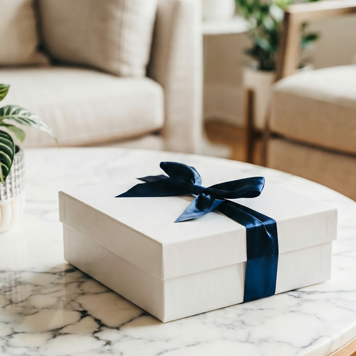 White gift box with a blue ribbon on a marble coffee table in a living room.