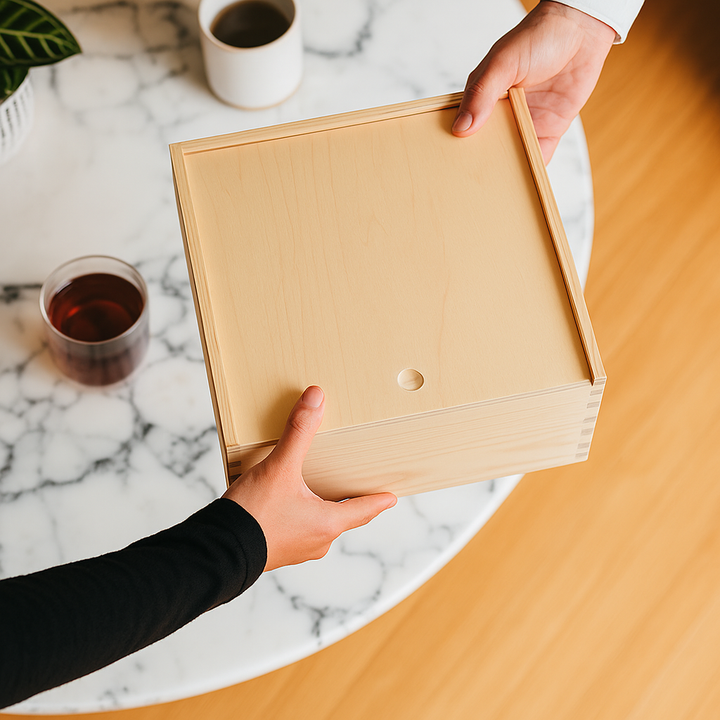 Person holding a wooden box on a marble countertop with a cup of tea and a plant.