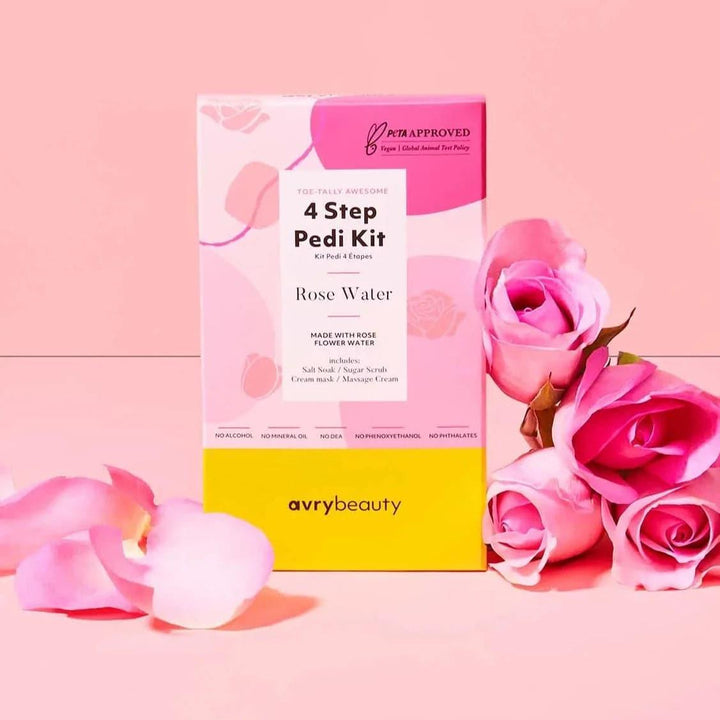 Rose Water 4 Step Pedi Kit with pink roses and rose petals on a pink background