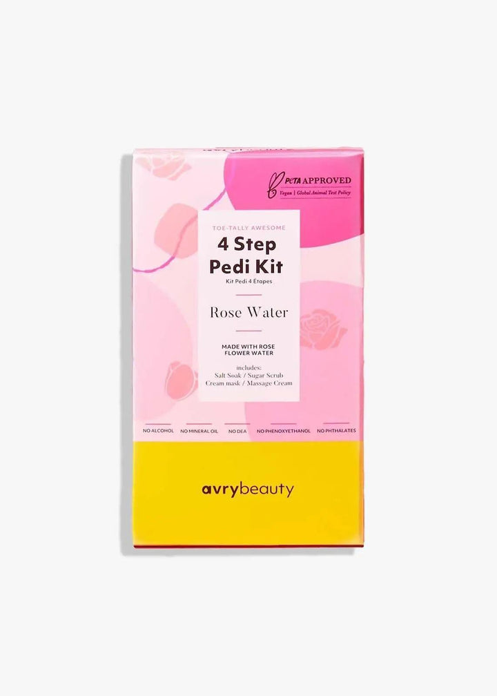 Rose Water 4-step pedicure kit in pink and yellow box with floral design elements